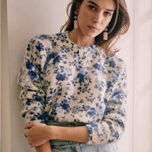 Sezane Amaya Blue Floral Crew Neck Sweater